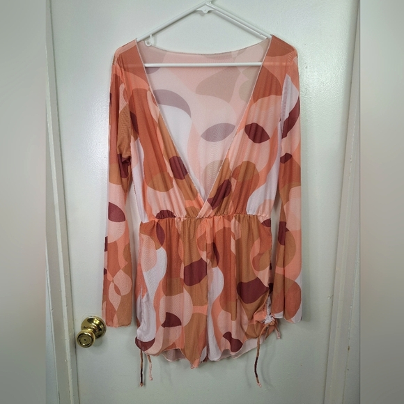 Source Unknown Other - Womens Mesh Sheer Romper Beach Cover Up V-Neck Bellsleeve Abstract